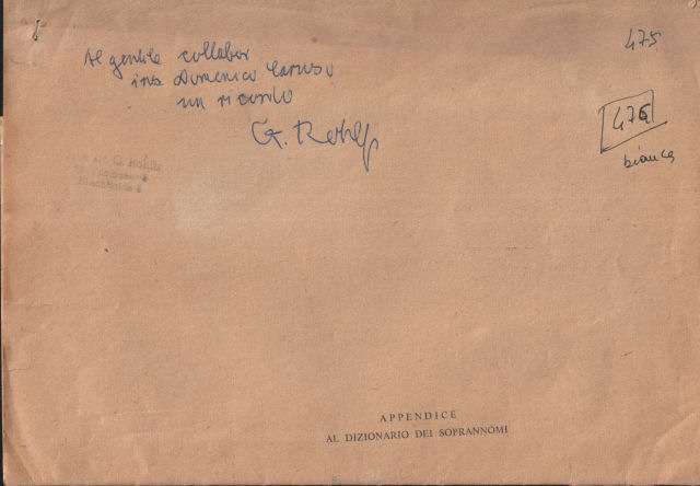 Manoscritto originale dell'Appendice ad Dizionario dei Cognomi con dedica a Domenico Caruso